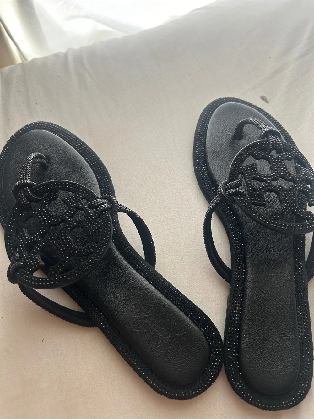 Tory Burch Black Logo Cutout Beaded Slide Sandals